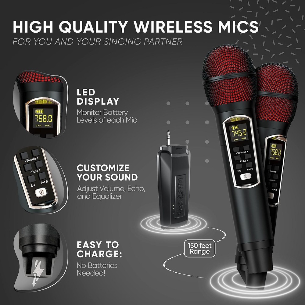 MASINGO 2 Wireless Karaoke Microphones w/ Integrated BT Receiver (Open Box)