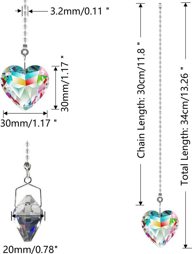 Ceiling Fan Pull Chain Extender - 2 Pack 12 Inches Decorative Crystal Heart P...