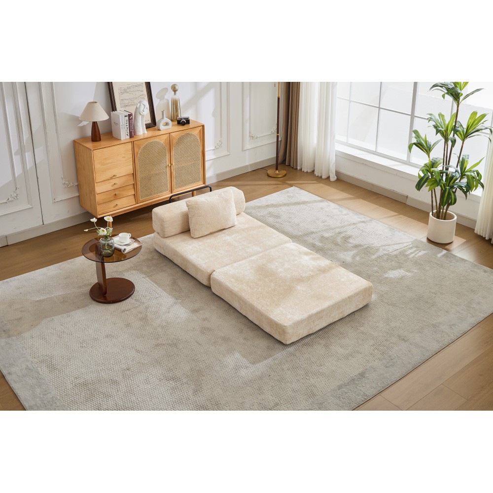 Convertible Folding Sofa Bed, Chenille Fabric Single Seat Sleeper, Beige