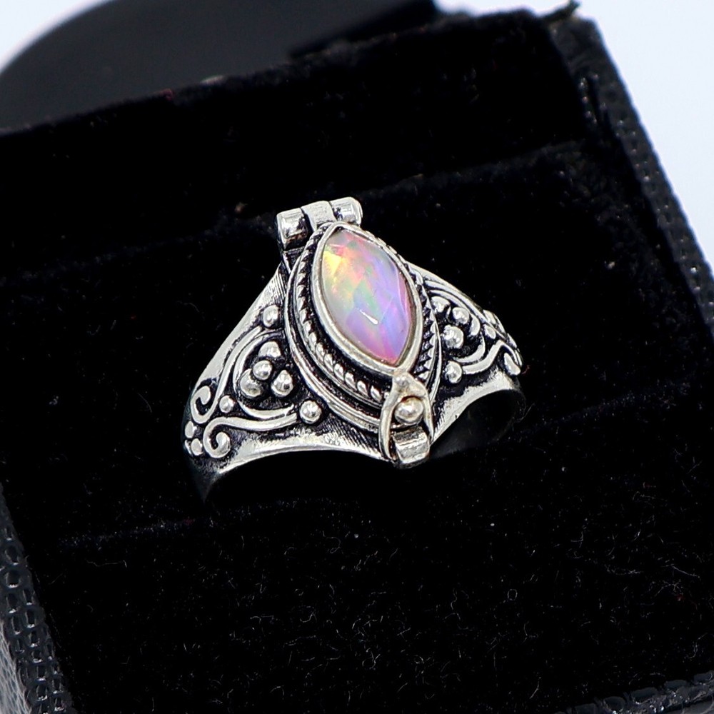 Aurora Opal Stone Poison Ring, 925 Silver Platted, Compartment Pill Box Ring