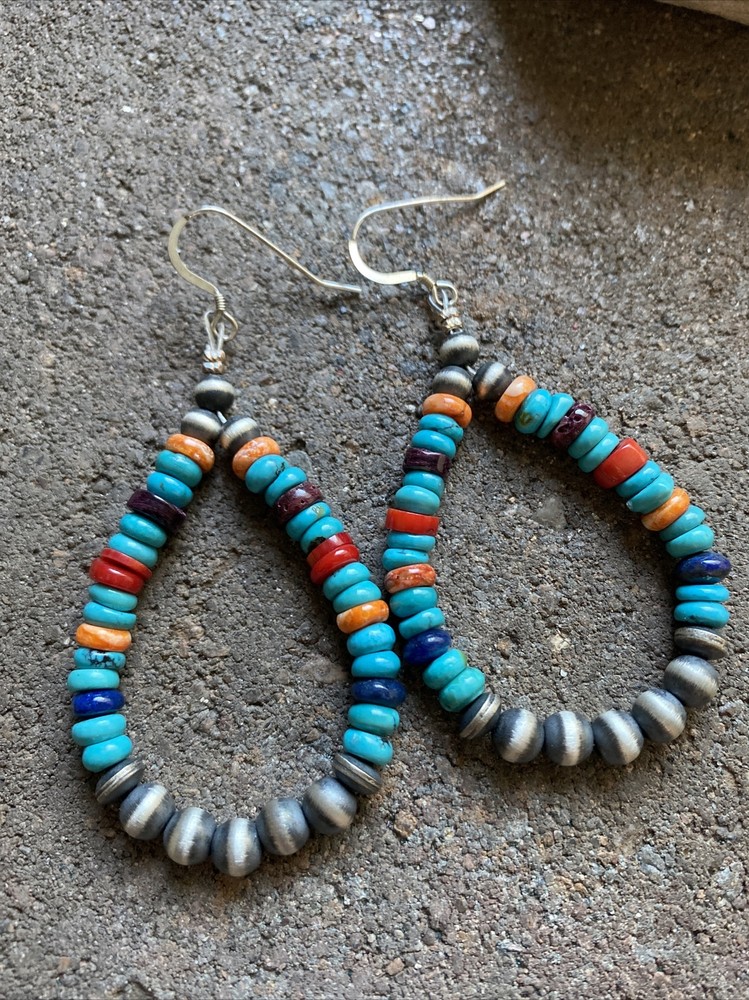 Sterling Silver Multi Stone W Pearls Bead Loop Earrings.