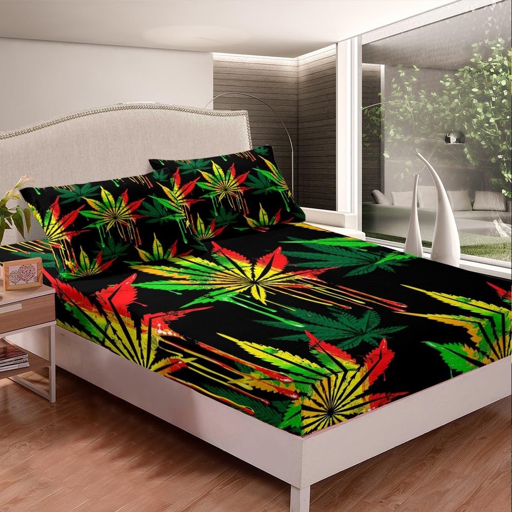 Marijuana Leaf Sheets Cannabis Leaves Bed Sheet Set Full Size Marijuana Weed ...