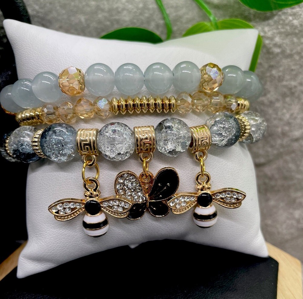 3 PC Handmade Boho Beaded Stackable 6.5” Plus Stretch Bracelet Set New B1342
