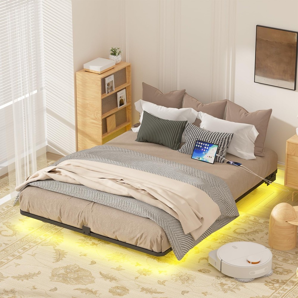 Full Size Floating Bed Frame with LED Lights, Heavy Duty Metal Platform Float...
