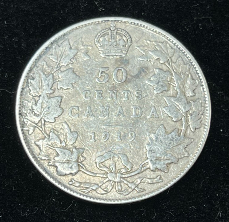 1919 Canada 50 Cents Silver Coin Graffiti "B"