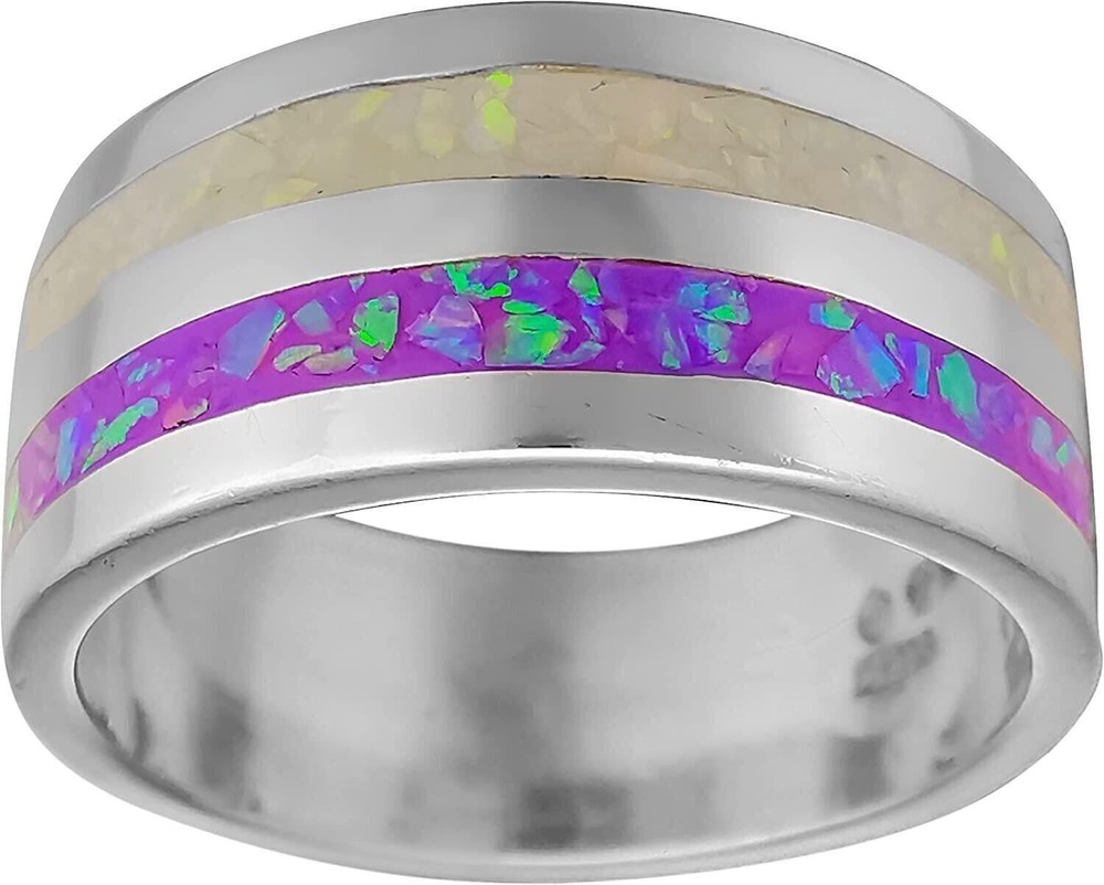 925 Sterling Silver White & Violet Opal Two-Loop Statement Ring - Handmade...