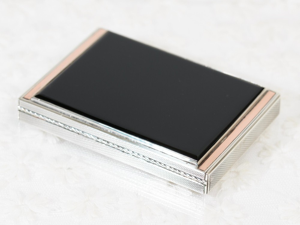 Art Deco Solid Sterling Silver Rose Gold & Onyx Box / Case - Hallmarked 1936