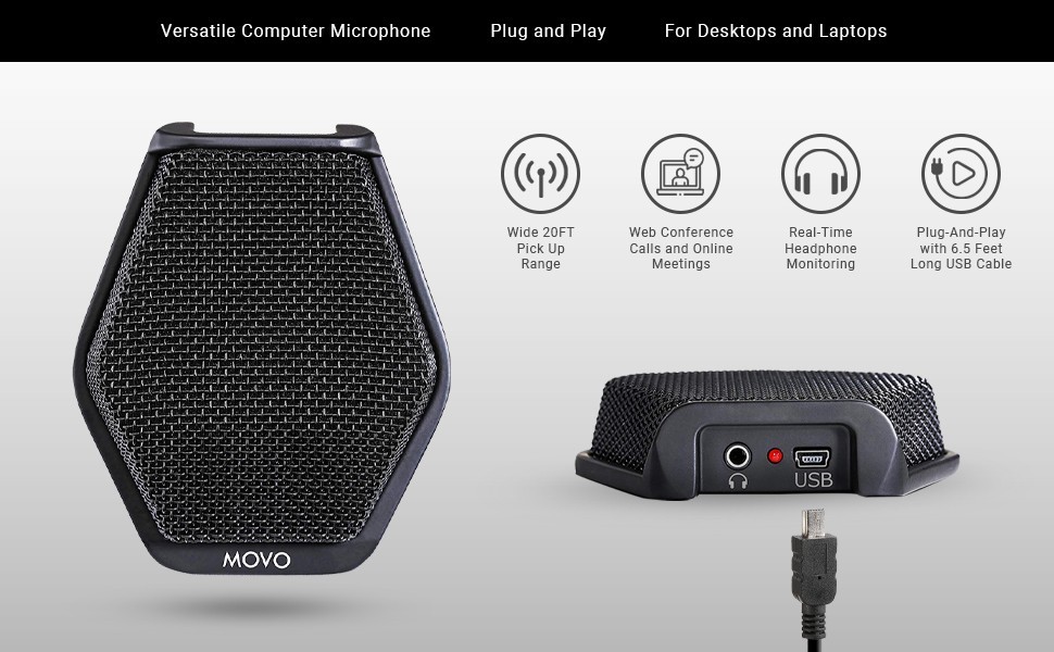 Movo MC1000 Conference USB Microphone for Computer Desktop and Laptop-20ft range