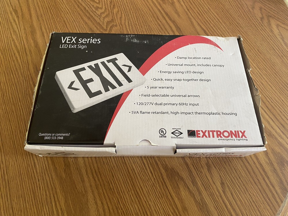 EXITRONIX LED EXIT SIGN w/ BATTERY BACKUP VEX-U-BP-WB-WH NEW! $40