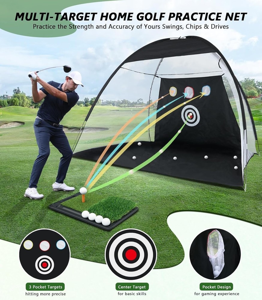 Golf Net for Hitting Practice, 10 x 7FT Golf Training Net with Mat and Target...