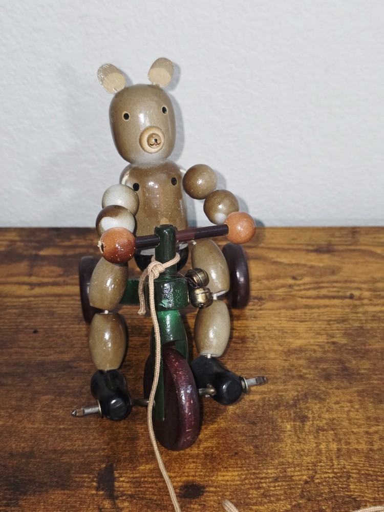 Vintage Wooden Pull Toy Beaded Bear EUC