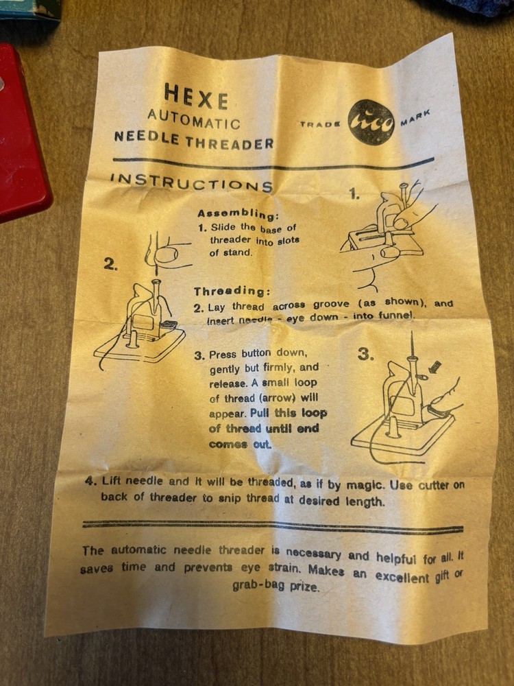 Nice Vintage Hexe Needle Threader with Original Box and Instructions