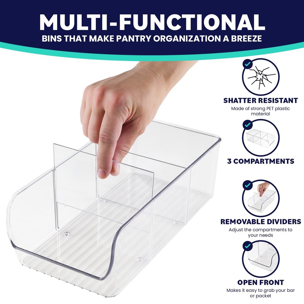 ELTOW 4Pack Snack Organizer, 3Compartment Plastic Bins with Removable Divider...