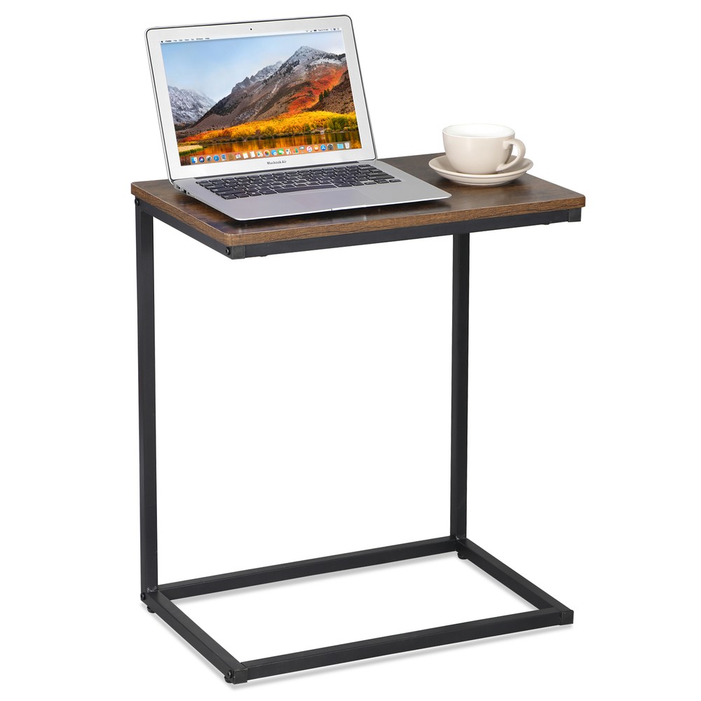 C Shaped End Table 2PCS Rustic Brown Side Table Bedside Table with Metal Frame