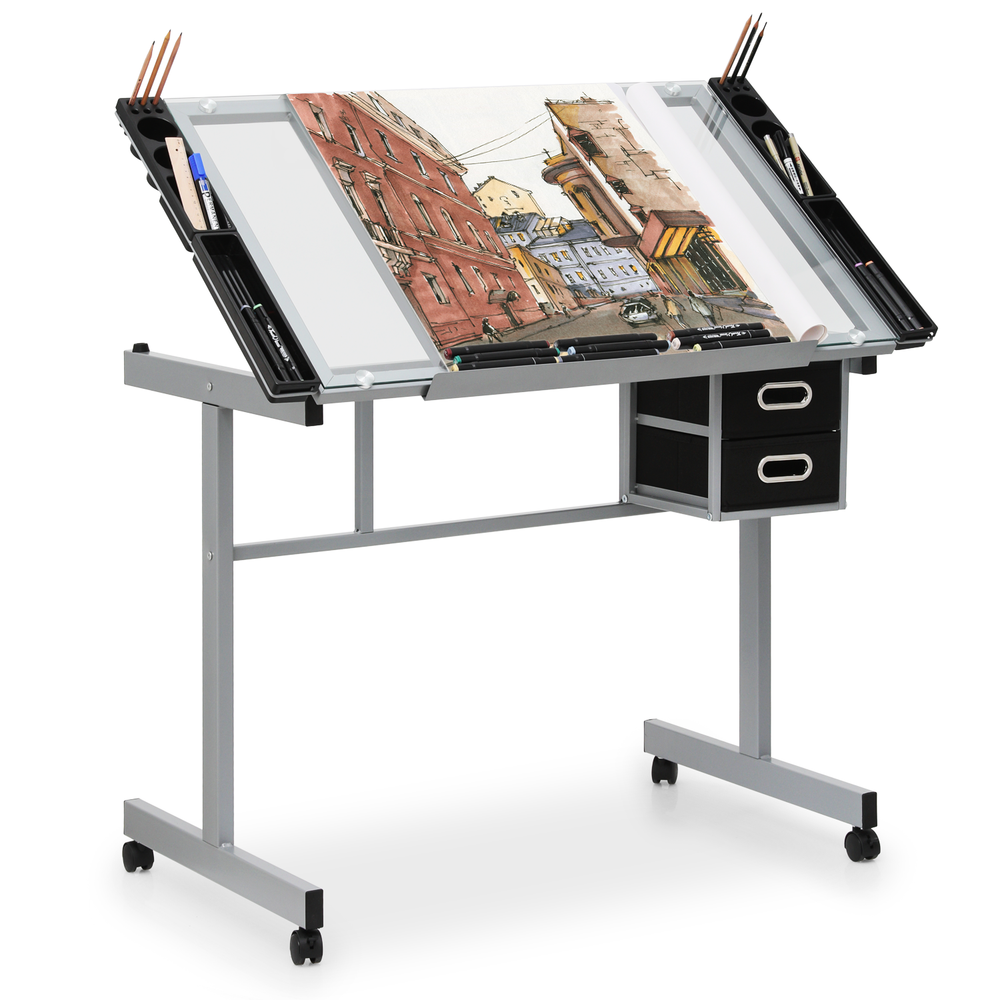 41" Adjustable Rolling Drafting Table Tempered Glass Tabletop Craft Work Station