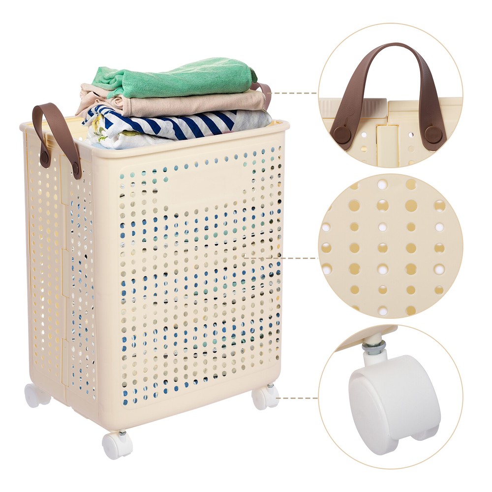66lbs Collapsible Laundry Hamper Foldable Rolling Laundry Basket With Wheels