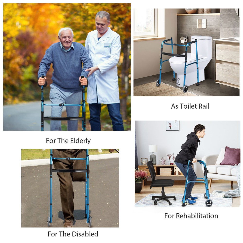 Folding Walker Adjustable Walking Frame Aluminum Walking Aid w/ Wheels Blue