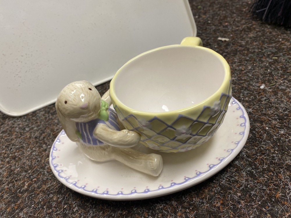 Hallmark Vintage Ceramic Easter-Spring Rabbit Bunny Holding a Cup & Saucer Set