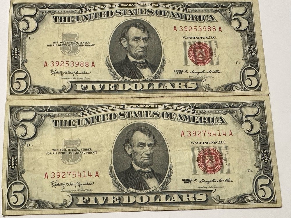 1963 $5 Dollar Red Seal Notes (2)  Good Shape (whole) D120