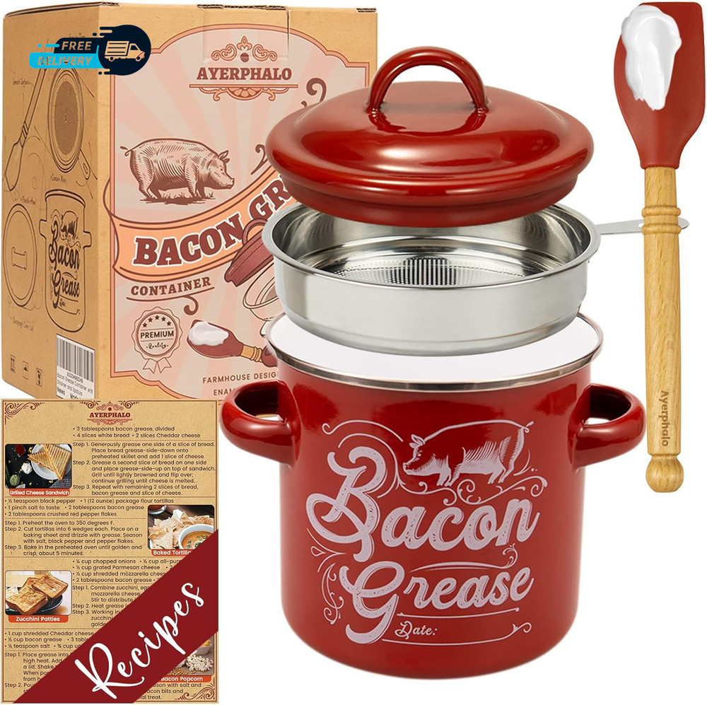 Bacon Grease Container with Strainer  46OZ Large Capacity with Silicone Wooden