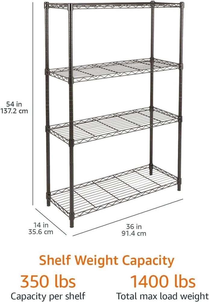 Sturdy 4-Tier Wire Storage Rack with Adjustable Shelves - Easy Assembly, Black
