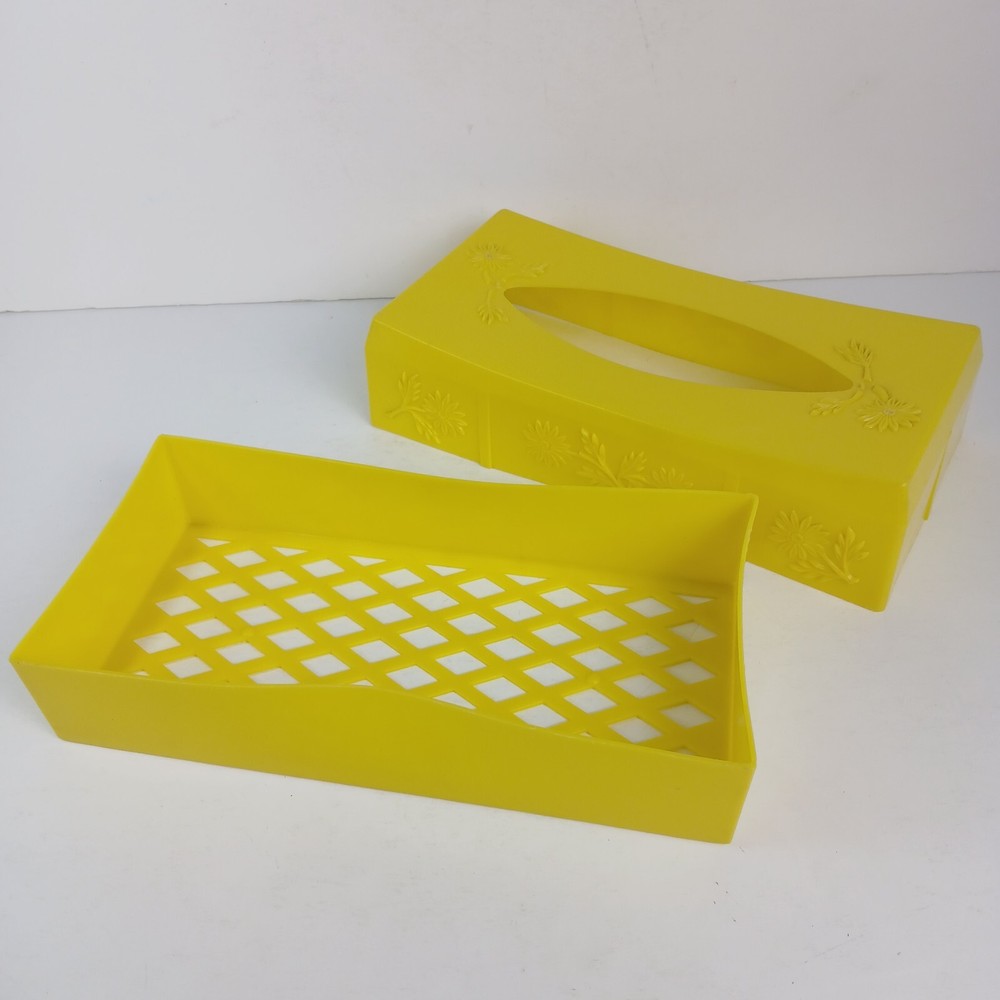 Vintage 1970s Tissue Box Holder Yellow Flowers Rectangular Removeable Lid