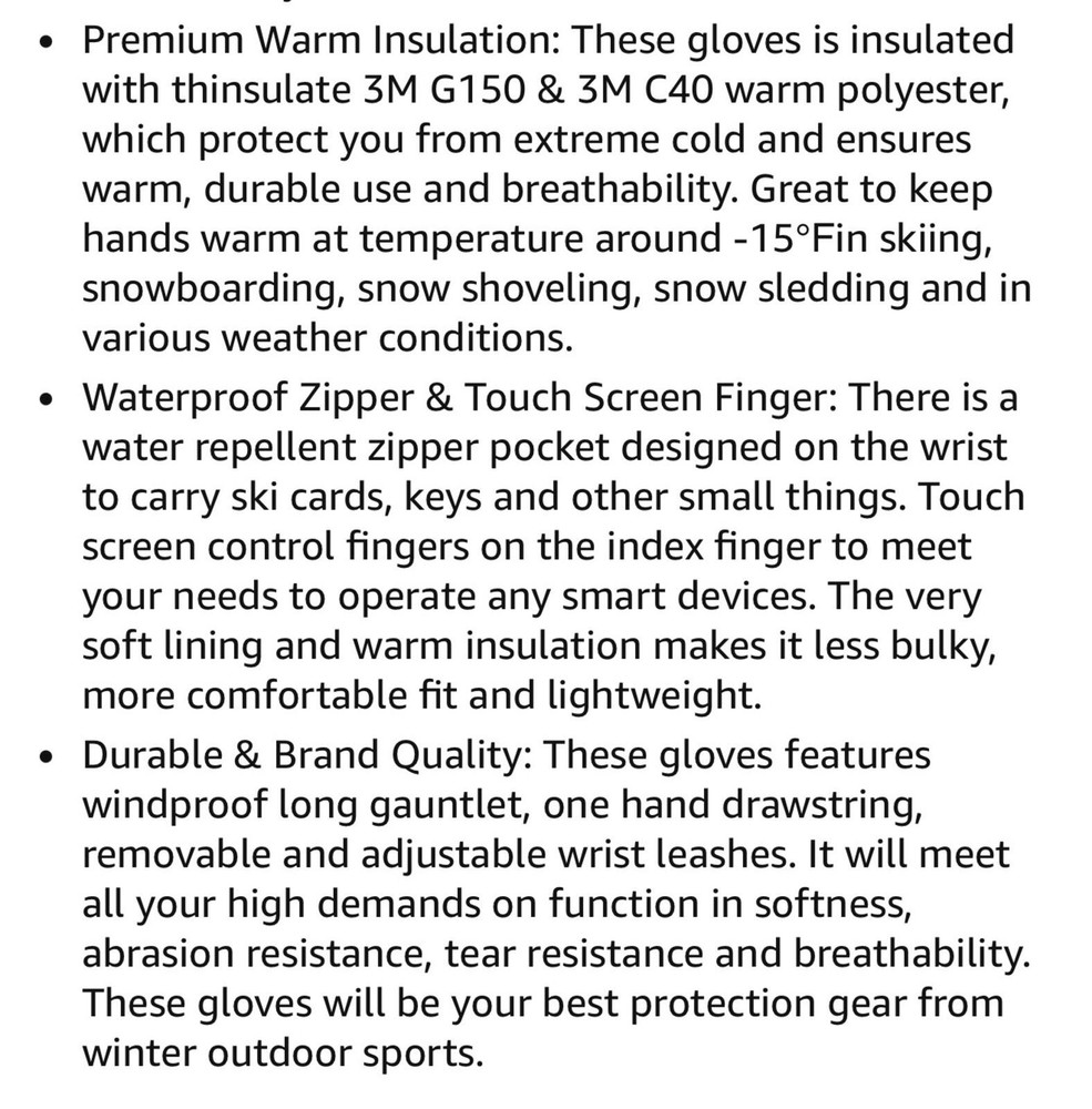 Mens Leather Waterproof Ski Gloves