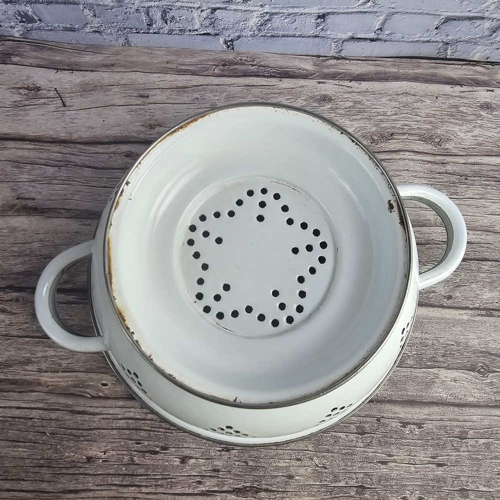 White Enamel Colander 10" Metal Strainer Silver Trim