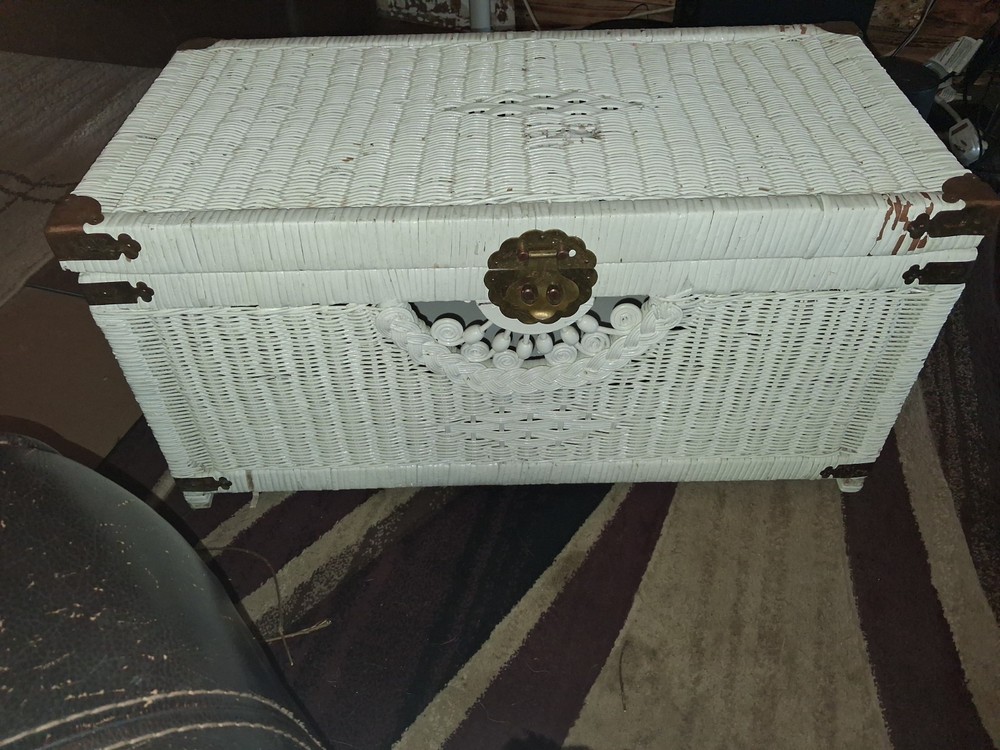 vintage white wicker peacock trunk