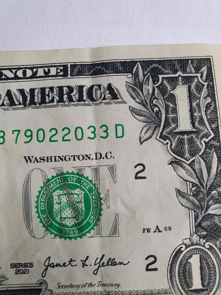 US One Dollar Bill Currency Ink Bleed Front ERROR 2021 Circulated
