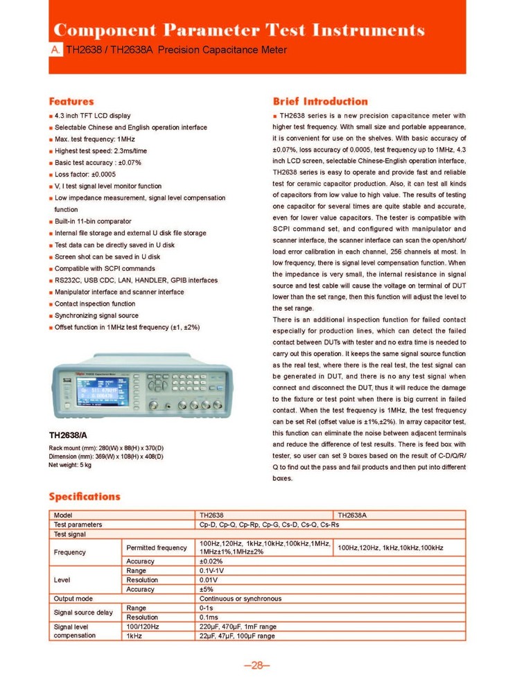 Tonghui TH2638A Precision Capacitance Meter ±0.07% Accuracy 100 kHz Frequency