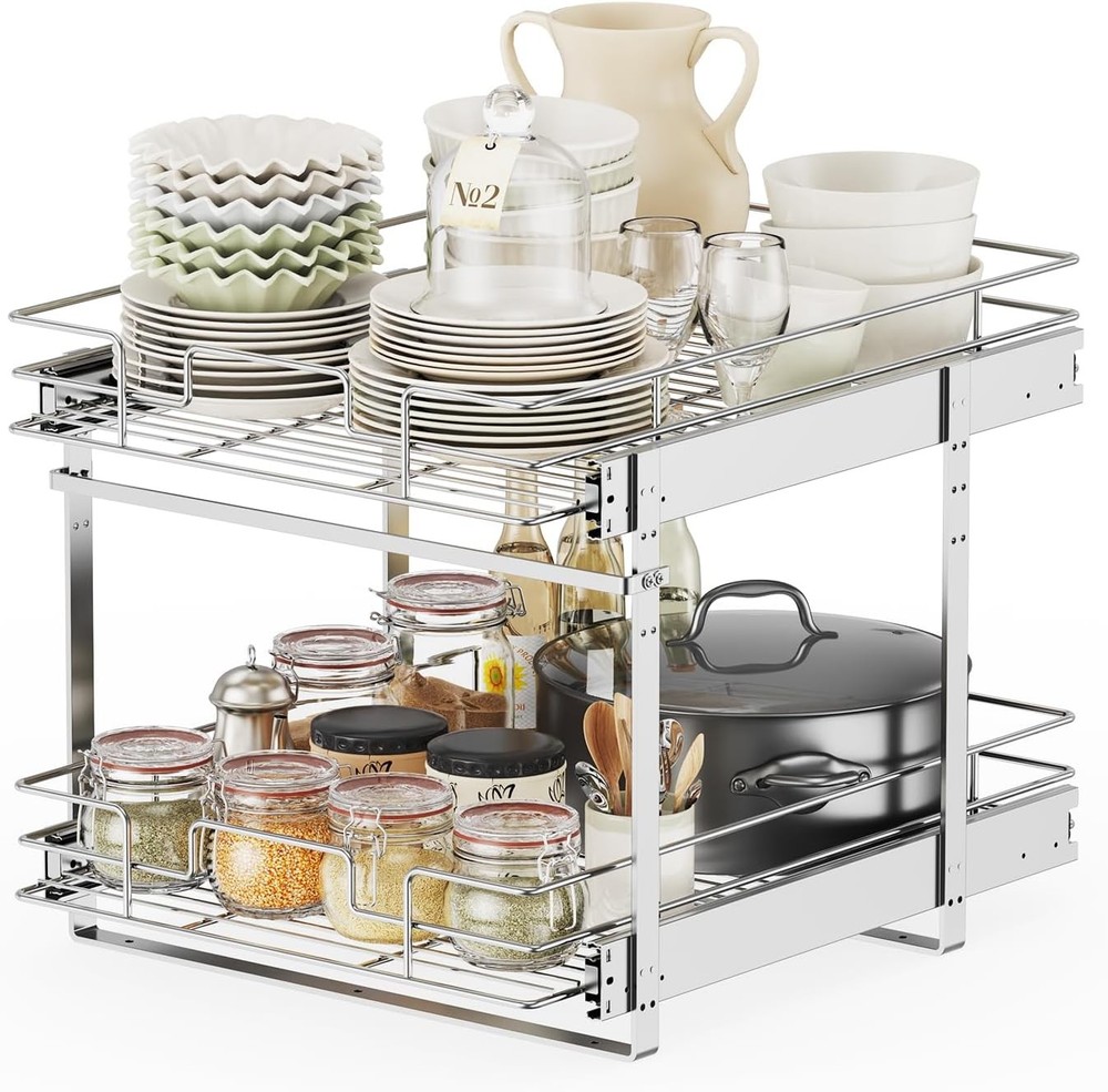 Slide Out Cabinet Organizer for Kitchen, 2 Tier Pull Out Shelves Sliding Cabinet