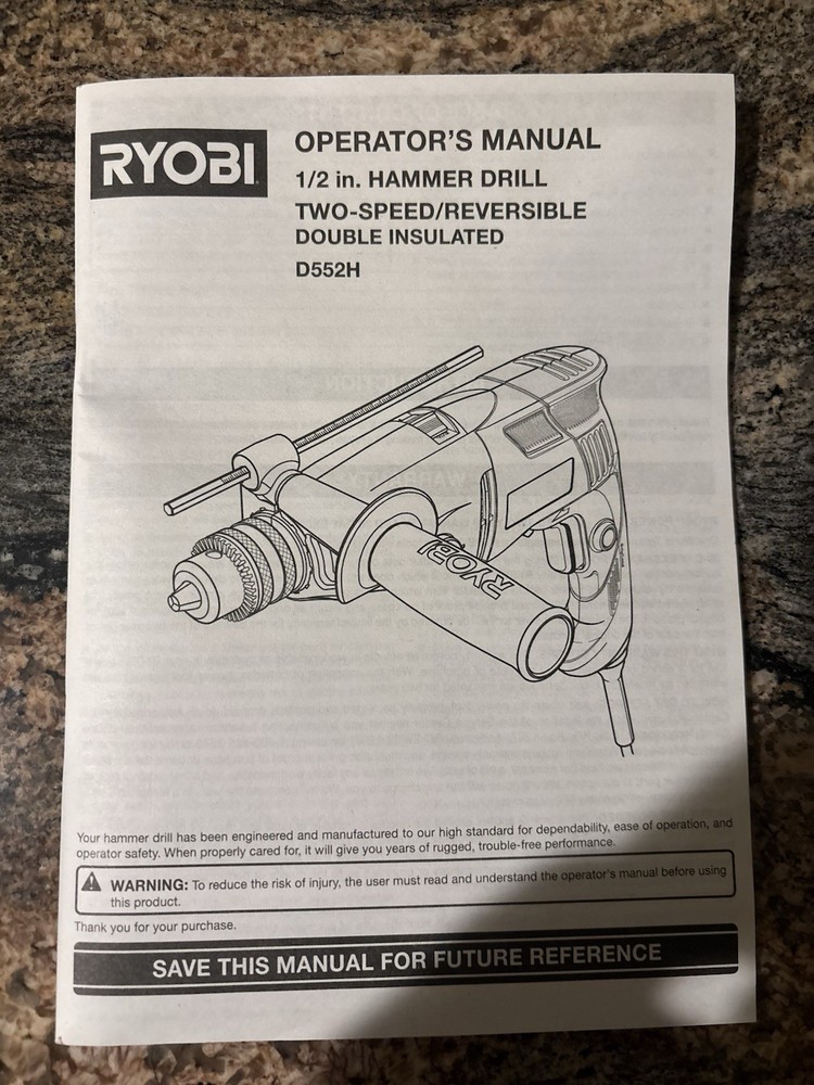Ryobi 1/2” Hammer Drill 2-Speed/Reversible Double Insulated