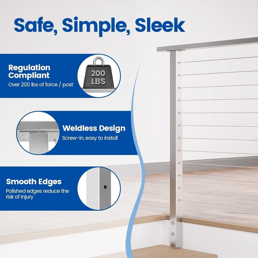 42" Side Mount Cable Railing Post Level Drilled Space-Saving Brushed Stainless