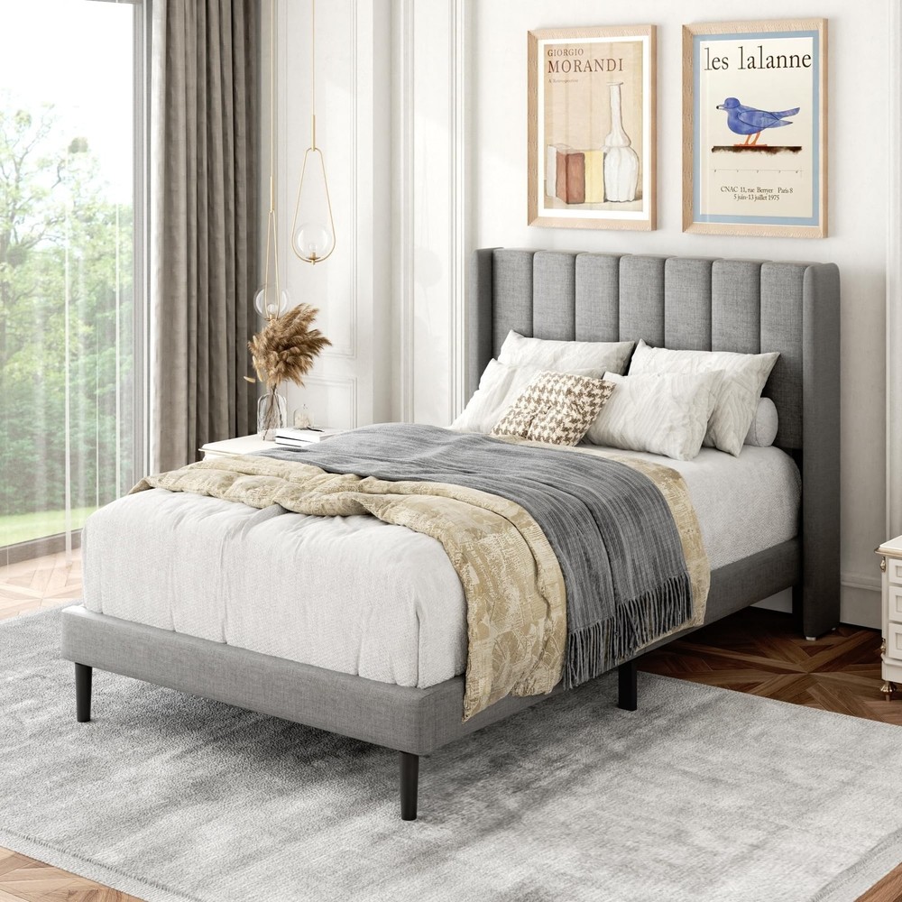 Twin Bed Frames with Wingback Headboard, Upholstered Platform Beds, No Box Sp...