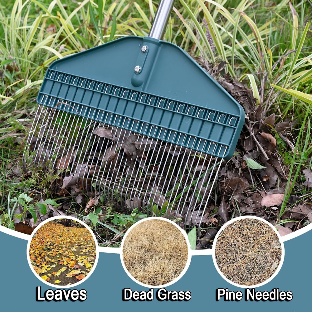 Thatch Rake with 66 Inch Adjustable Handle, 17 Inch Wide Durable Dethatcher R...