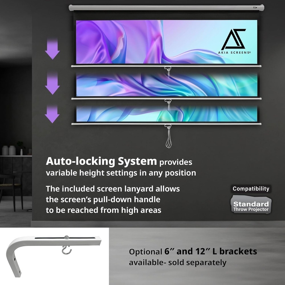110 Inch Manual Pull Down Projector Screen, 16:9 Retractable Projection Screen