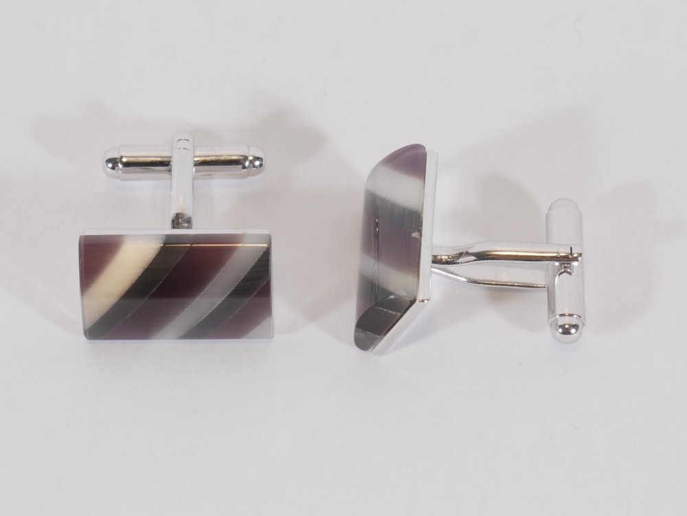 Mens Silver Tone Striped Cufflinks Purple Cream Black Rectangular