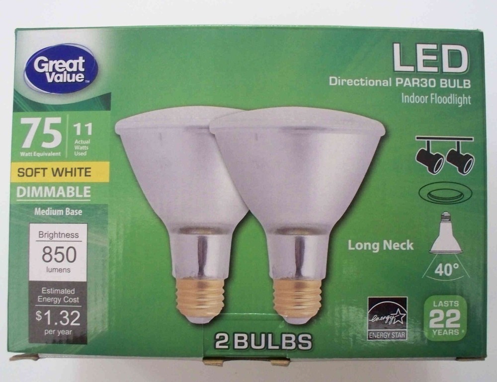 Great Value LED 2 Pack 75W/11W PAR30 Long Neck Flood-Soft White 2700K-Combo Ship