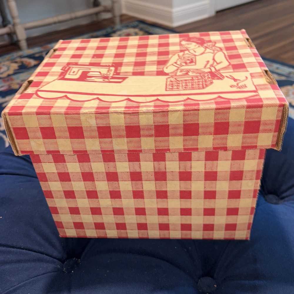 Vintage Cardboard Sewing Patterns Storage Box Red Gingham Excellent Condition