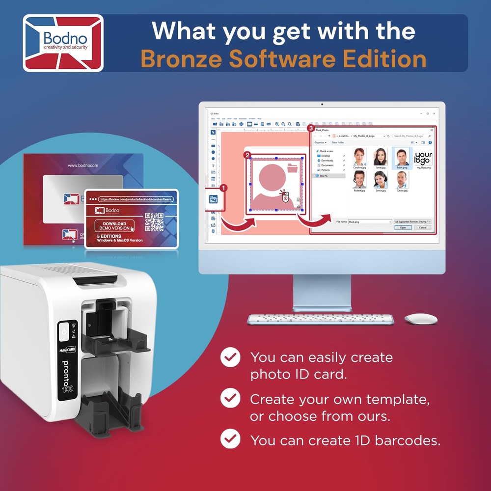 Bodno Magicard Pronto 100 ID Card Printer Complete Supplies Package ID Software.