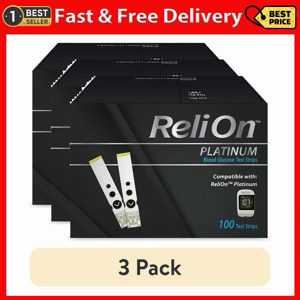 (3 Pack) Relion Platinum Blood Glu cose Test Str ips, 100 Count