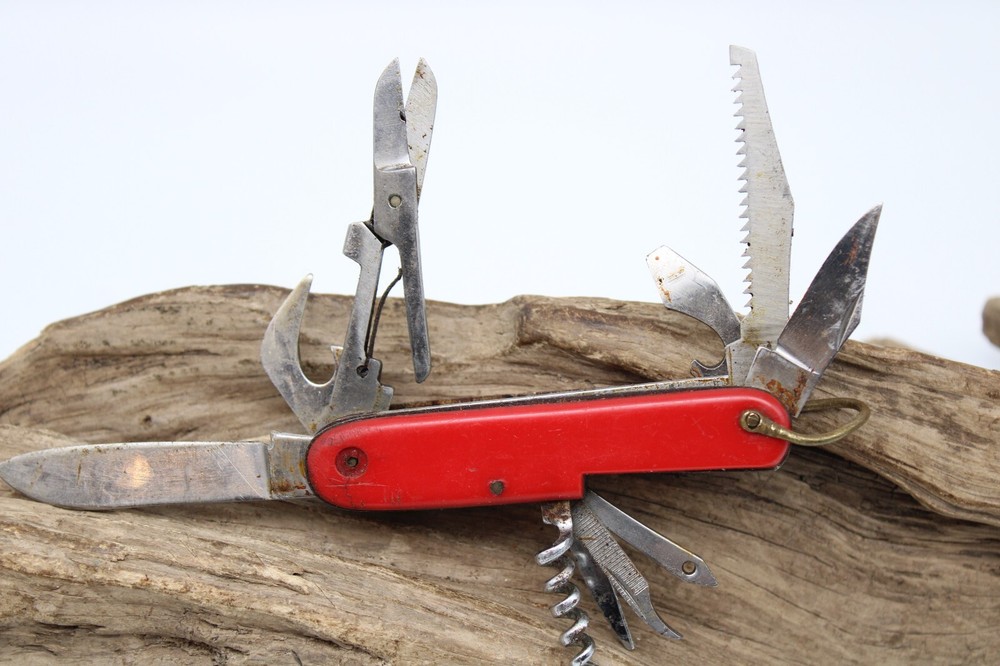 INTERPUR 2 BLADE 8 TOOLS RED PLASTIC HANDLE POCKET KNIFE 3.5" CLOSED (KB4)