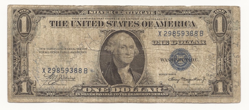1935-A $1 Dollar Bill Silver Certificate Note WWII Short Snorter 388B