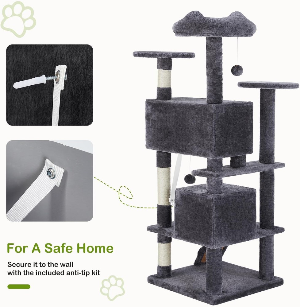54"Cat Tree Tower Multi-Level Pet House 2 Condos Scratching Posts Round Platform