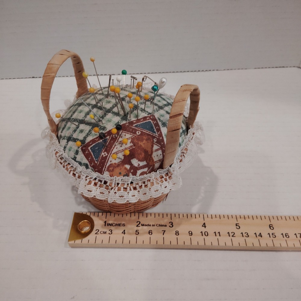 Vintage Handmade fabric pin cushion, patchwork pattern and lace trim