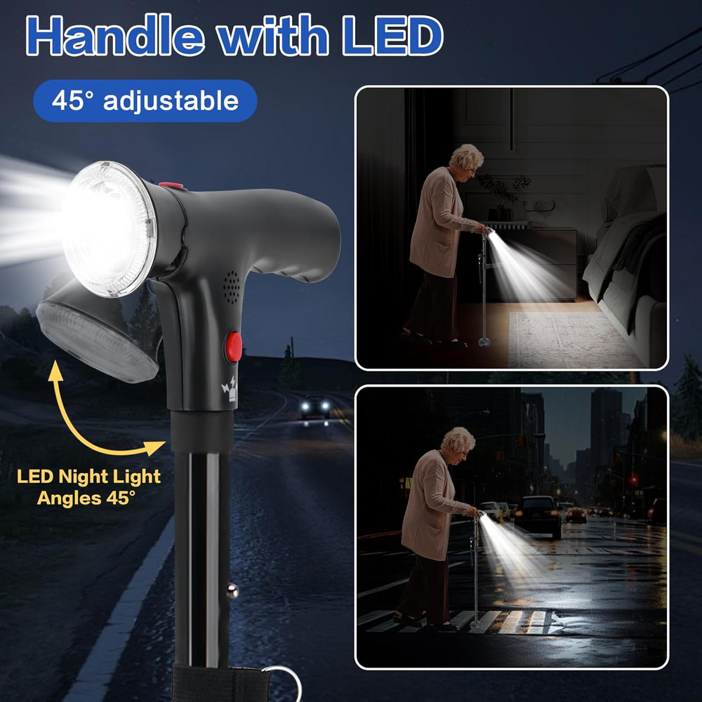 Adjustable 3-in-1 Folding Walking Cane with Alarm, Light & Second Handle