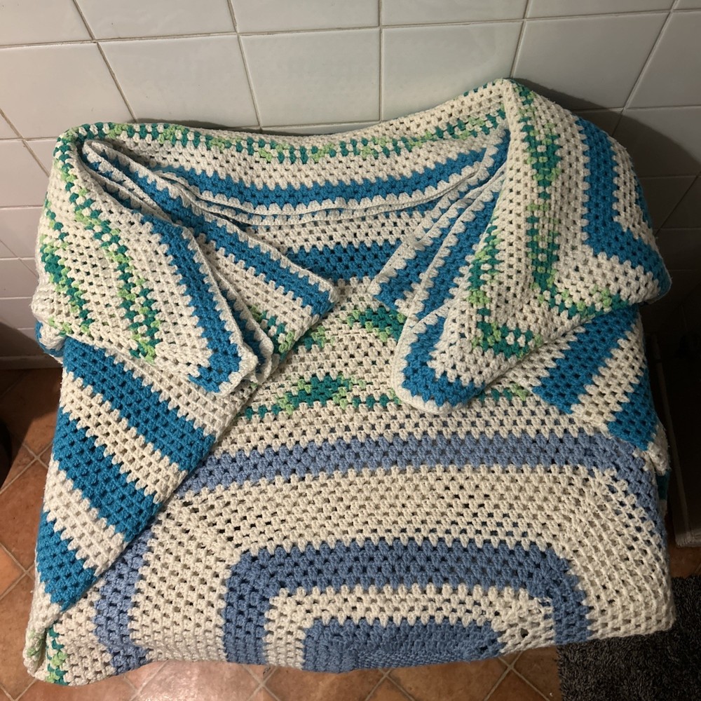 Wool Crochet Blanket Throw Handmade Blue White Green Pattern 150cm X 160cm