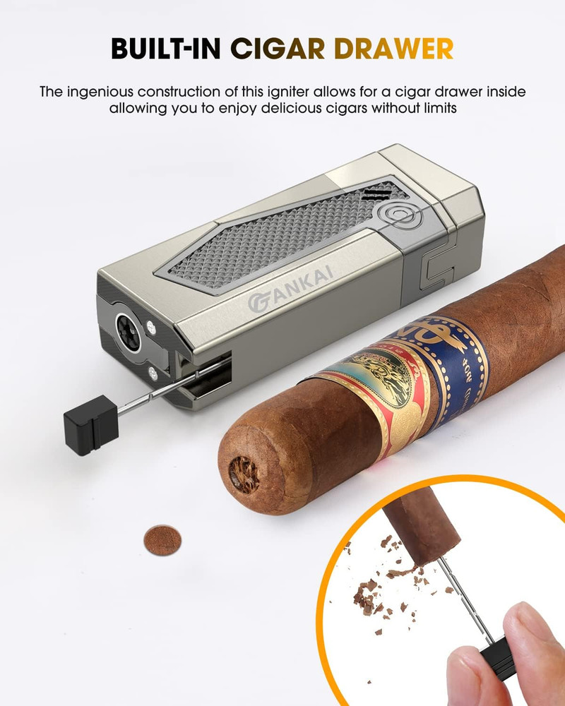 Cigar Lighter 4-Torch Jet Flame - Cigar Punch, Holder, Draw Enhancer, Windproof