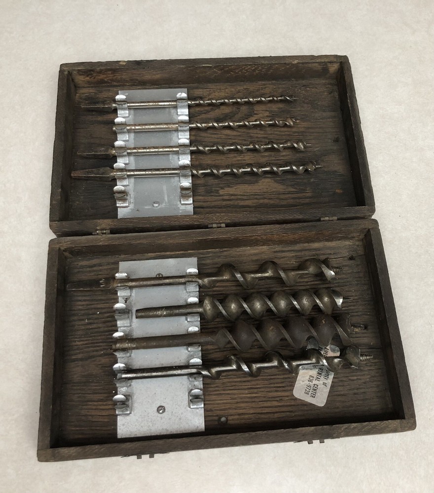 8 Antique Vintage Irwin Auger Bits Oak Case Box